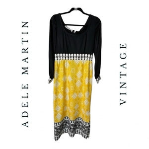 0491W. VINTAGE ADELE MARTIN‎ MAXI LENGTH LONG SLEEVE DRESS BLACK/YELLOW